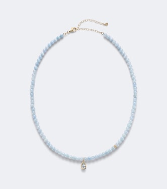 Icon Mounting 14kt gold beaded necklace with aquamarine and diamonds | Sydney Evan