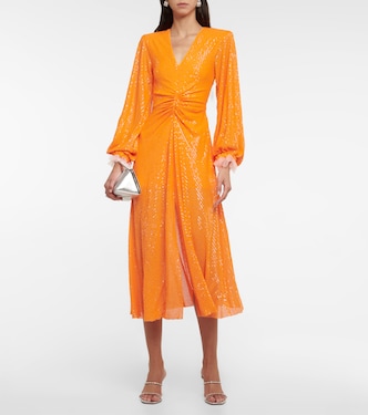 rotate birger christensen orange dress ROTATE BIRGER CHRISTENSEN Sequinned Halterneck Midi Dress | Orange