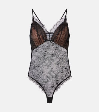 Embroidered lace-trimmed mesh bodysuit | Self-Portrait