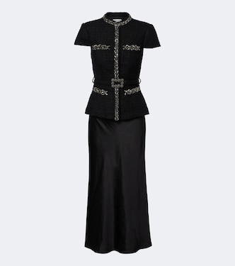 Belted embellished bouclé and satin midi dress | Self-Portrait