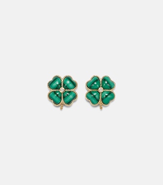 Ohrringe Puces Dôme Trèfle aus 9kt Gelbgold mit Diamanten und Malachit | Yvonne Léon