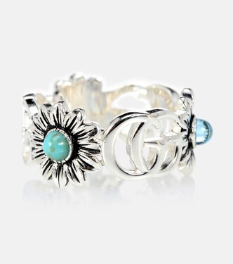Double G flower sterling silver ring with topaz and mother of pearl | Gucci