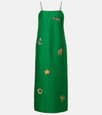 Vestido largo en mezcla de lino adornado | Alémais