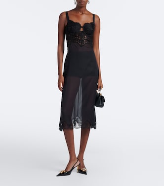 Lace-trimmed silk-blend midi dress in black - Dolce Gabbana