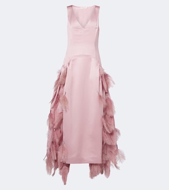 Robe longue en satin à plumes | Jacques Wei