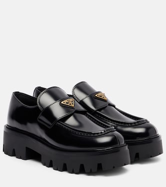Logo leather platform loafers | Prada