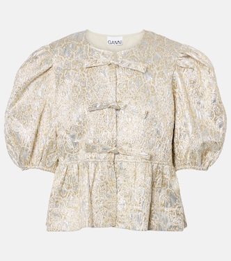 Puff-sleeve brocade top | Ganni