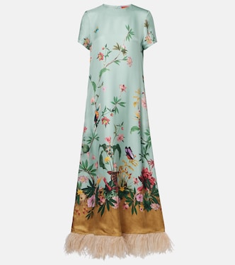 Swing feather-trimmed silk twill maxi dress | La DoubleJ