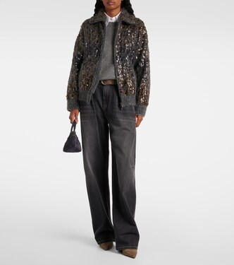 Sequined mohair-blend zip-up sweater in grey - Brunello Cucinelli
