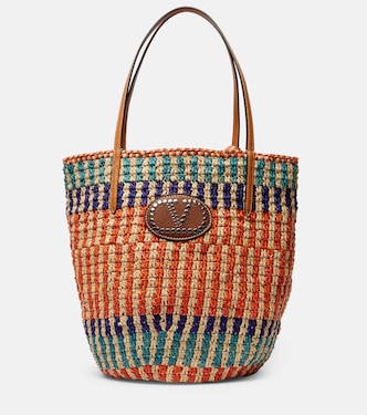 VLogo leather-trimmed raffia tote bag | Valentino Garavani