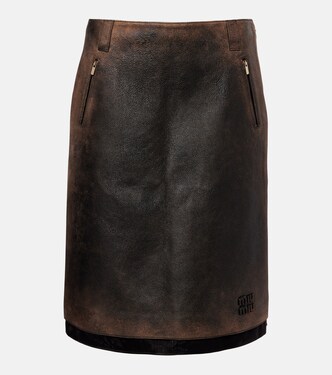 Suede-trimmed leather midi skirt | Miu Miu