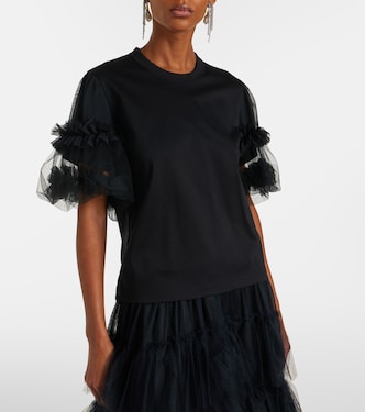 Ruffled tulle-trimmed cotton T-shirt in black - Noir Kei Ninomiya