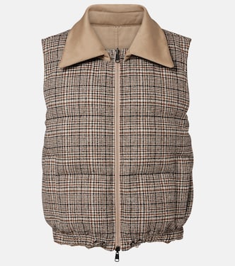 Checked leather-trimmed down vest | Brunello Cucinelli