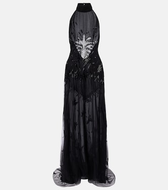 Embellished georgette and lace maxi dress | Blumarine