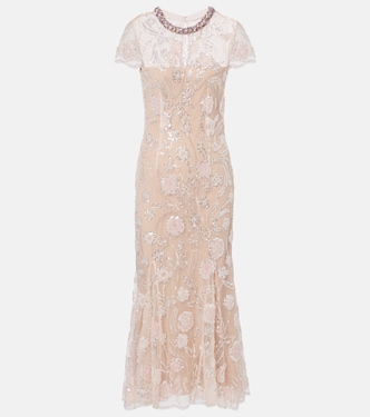 Floral sequined mesh midi dress | Self-Portrait