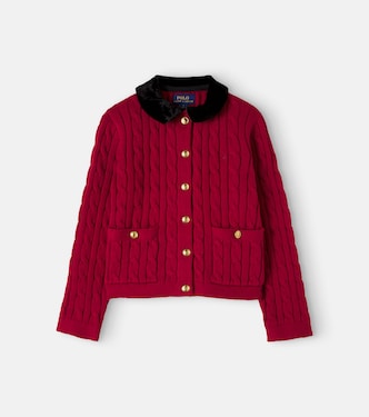 Cable-knit velvet-trimmed cotton cardigan | Polo Ralph Lauren Kids