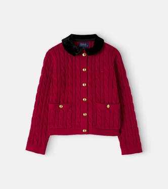 Cable-knit velvet-trimmed cotton cardigan | Polo Ralph Lauren Kids