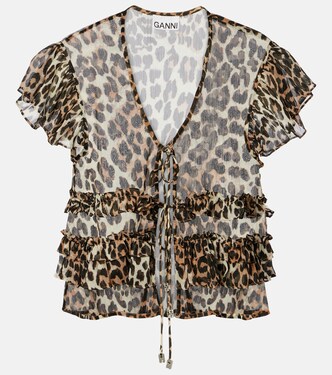 Leopard-print ruffled chiffon blouse | Ganni