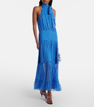 rixo blue polka dot dress Abi Chiffon Midi Dress in Mini Navy Polka Dot