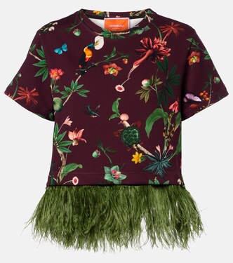 La Scala feather-trimmed printed cotton T-shirt | La DoubleJ