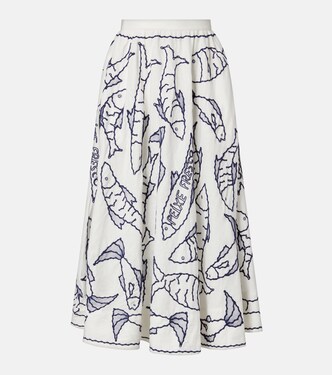Embroidered linen-blend midi skirt | Farm Rio
