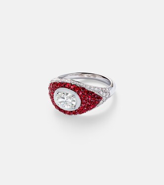 18kt white gold pinky ring with diamonds and rubies | Kamyen