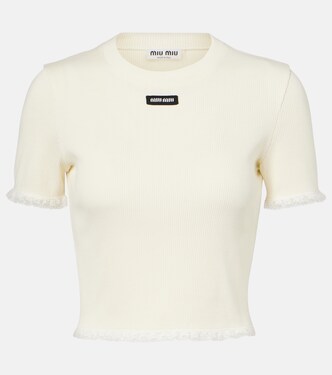 Cropped lace-trimmed cotton T-shirt | Miu Miu
