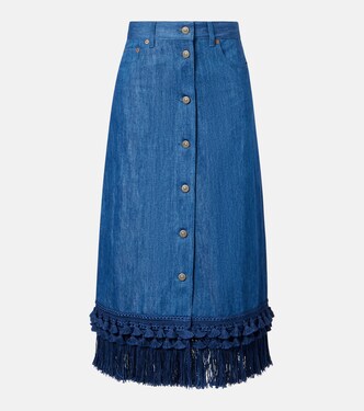 Fringed denim midi skirt | Valentino