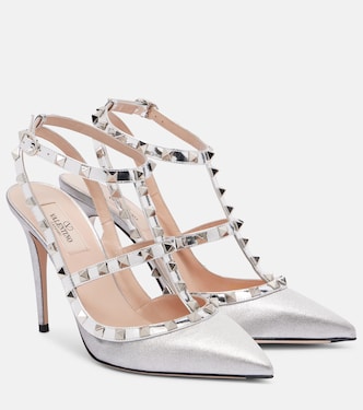 Rockstud 100 leather-trimmed glitter pumps | Valentino Garavani
