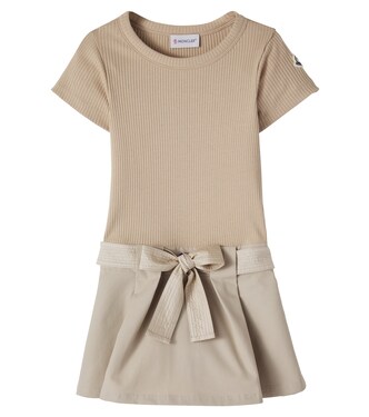 Bow-detail ribbed-trimmed cotton-blend dress | Moncler Enfant
