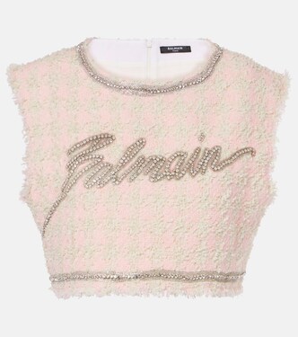 Logo embellished bouclé crop top | Balmain