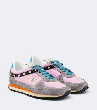 Rockstud embroidered suede-trimmed sneakers  | Valentino Garavani
