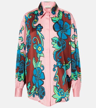 Floral puff-sleeve silk satin shirt | Alémais