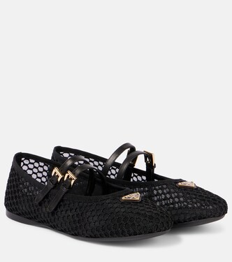 Logo leather-trimmed mesh ballet flats | Prada