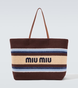 Logo striped raffia-effect shopper | Miu Miu