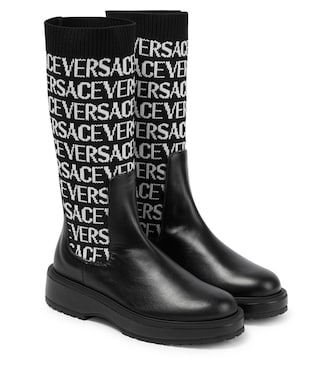 Jacquard knit-trimmed leather boots | Versace Kids