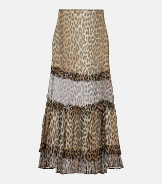 Leopard-print ruffled chiffon maxi skirt | Ganni