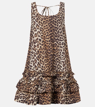 Leopard-print ruffled cotton poplin minidress | Ganni