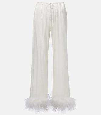 Bridal feather-trimmed satin wide-leg pants | Oséree