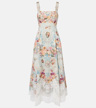 Vestido midi de algodón estampado con encaje | Camilla