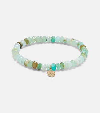 Tiny Monstera Leaf 14kt gold beaded charm bracelet with diamonds | Sydney Evan