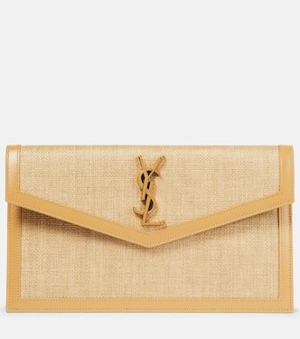 Uptown leather-trimmed raffia clutch | Saint Laurent