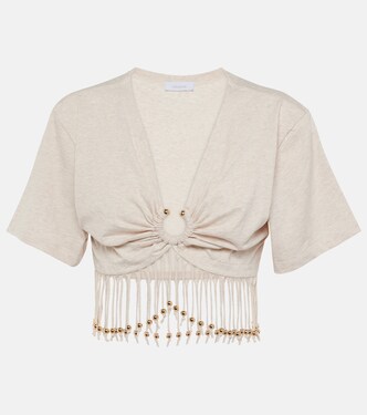 Fringed beaded cotton jersey crop top | Rabanne