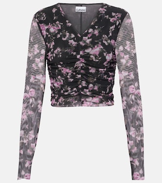 Ruched floral mesh crop top | Ganni