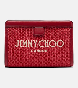 Avenue Small leather-trimmed raffia pouch | Jimmy Choo