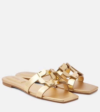 Logo metallic leather slides | Simkhai