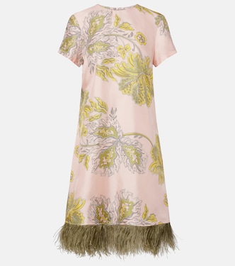 Swing feather-trimmed floral silk twill minidress | La DoubleJ