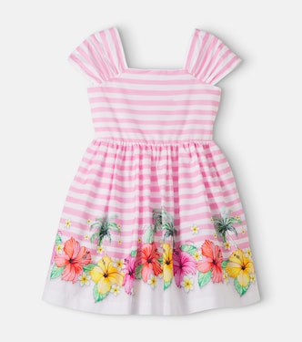 Floral striped tulle-trimmed cotton dress | Monnalisa