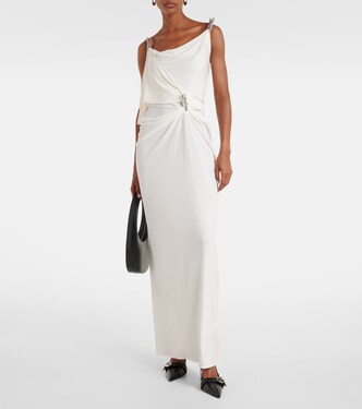 coperni evening dresses Floral-appliqud stretch-satin gown - blue