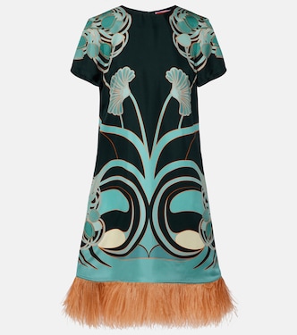 Vestido corto Swing de seda floral con plumas | La DoubleJ